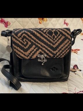 PATRICIA NASH Black Leather & Woven LEANDRA Flap Crossbody Purse Bag-